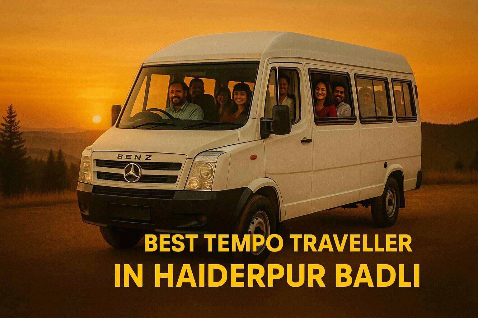 White tempo traveller van on a road at sunset with a group of people standing nearby, showcasing a colorful and scenic travel vibe.